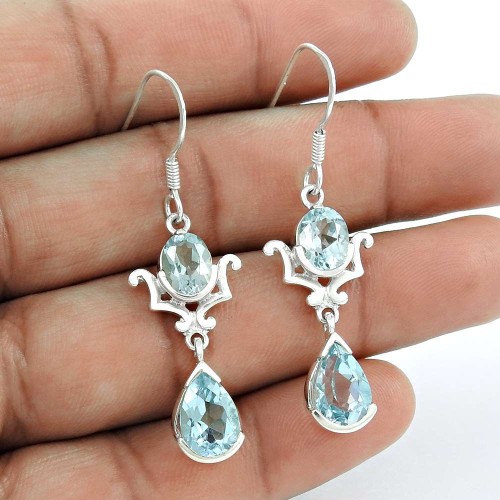 Perfect 925 Sterling Silver Blue Topaz Gemstone Dangle Earrings