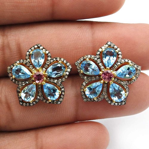 Diamond Earrings Black Rhodium Gold Plated 925 Sterling Silver Blue Topaz Garnet Gemstone Jewelry