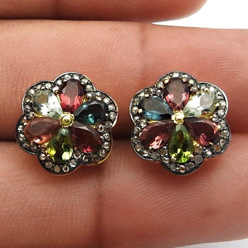 Black Rhodium 925 Sterling Silver Diamond Tourmaline Gemstone Flower Stud Earrings Woman Gift Jewelry