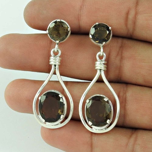 925 Sterling Silver Jewellery Traditional Smoky Quartz Gemstone Earrings