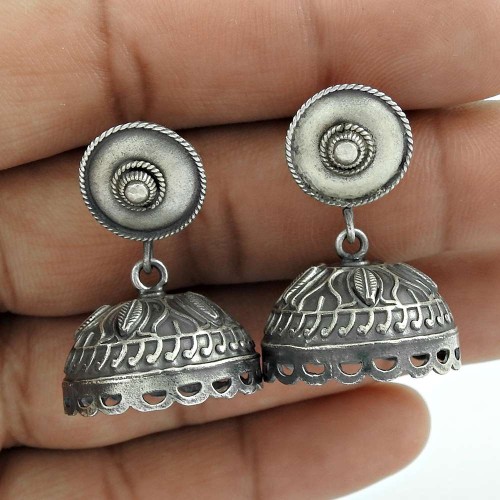 Excellent Oxidized Sterling Silver Jhumki Earring Vintage Jewelry