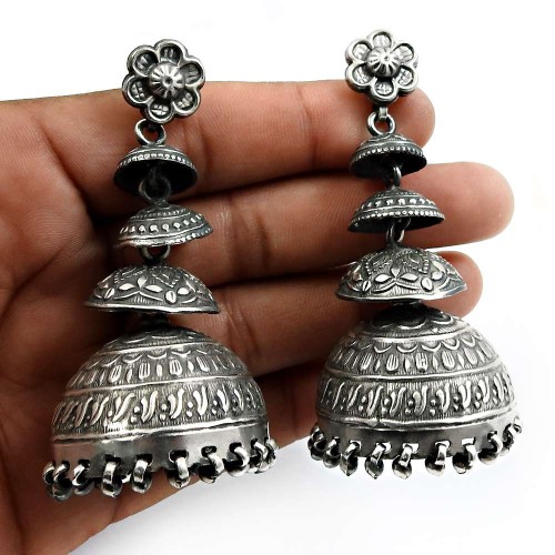 925 Sterling Silver HANDMADE Jewelry Oxidized Jhumka Earrings T9