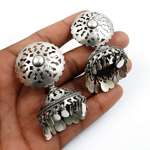 HANDMADE Indian Jewelry 925 Solid Sterling Silver Oxidized Jhumka Earrings U9