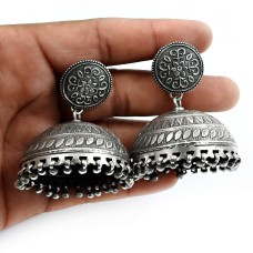 HANDMADE Indian Jewelry 925 Solid Sterling Silver Oxidized Jhumka Earrings V9