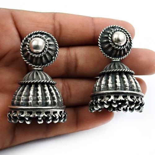 Oxidized Jhumka Earrings 925 Solid Sterling Silver HANDMADE Indian Jewelry W9