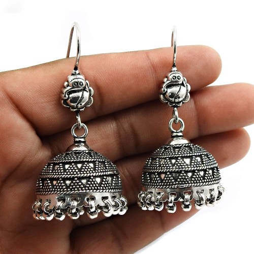 HANDMADE Indian Jewelry 925 Solid Sterling Silver Oxidized Jhumka Earrings X9