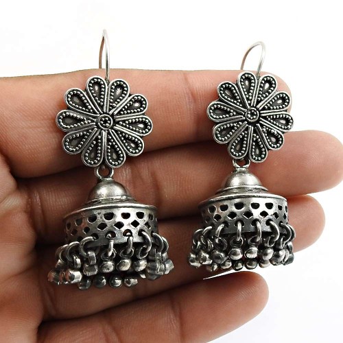 Indian HANDMADE Jewelry 925 Solid Sterling Silver Oxidized Jhumka Earrings Y9