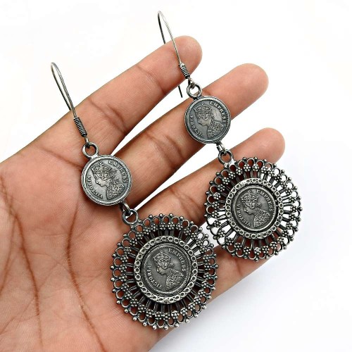HANDMADE 925 Solid Sterling Silver Jewelry Oxidized Victoria Coin Earrings Z9