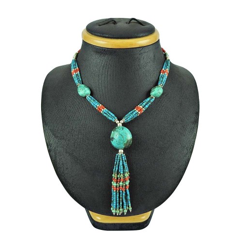 925 Silver Jewellery Ethnic Coral, Turquoise Beaded Necklace