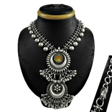 Oxidised antique look Glass Painting 925 sterling silver necklace