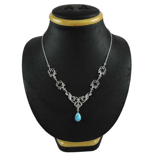 Good Looking 925 Sterling Silver Turquoise Gemstone Necklace Antique Jewelry