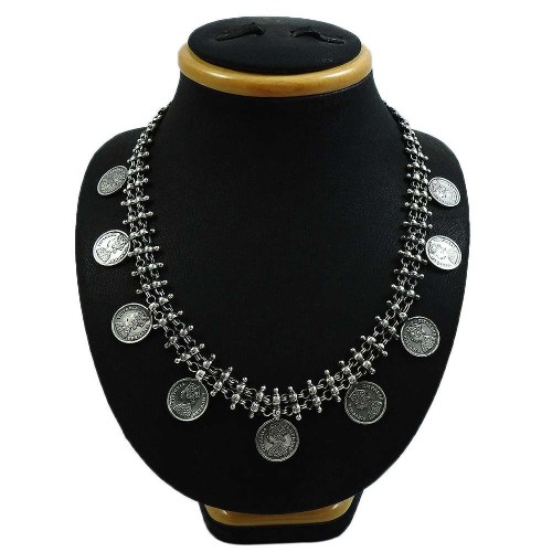 HANDMADE 925 Solid Sterling Silver Jewelry Oxidized Victoria Coin Necklace D10
