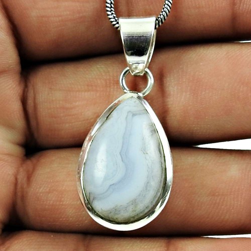 Natural Beauty!! 925 Sterling Silver Blue Lace Agate Pendant