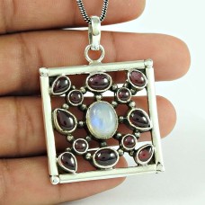 Daily Wear Garnet Rainbow Moonstone Gemstone 925 Sterling Silver Pendant Jewellery
