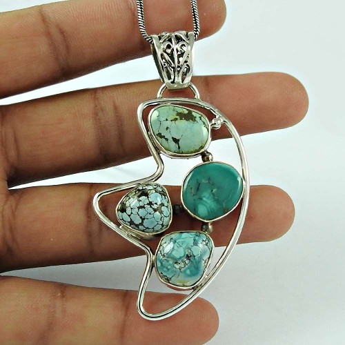 Classic Turquoise Gemstone 925 Sterling Silver Pendant Jewellery