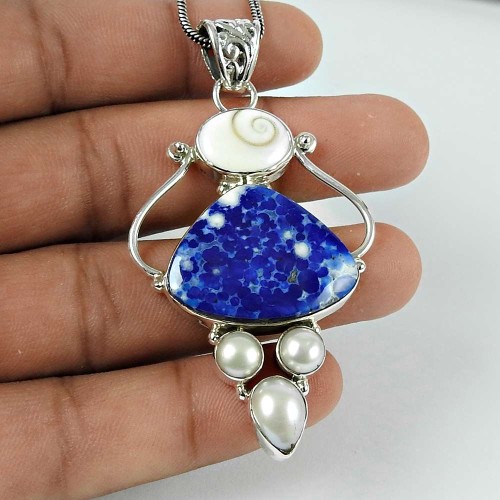 Excellent Sodalite Pearl Gemstone 925 Sterling Silver Pendant Jewellery