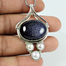 Beautiful Blue Sunstone Pearl Gemstone 925 Sterling Silver Pendant Jewellery