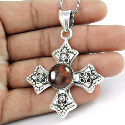 Natural Amber 925 Sterling Silver Bohemian Pendant Jewellery