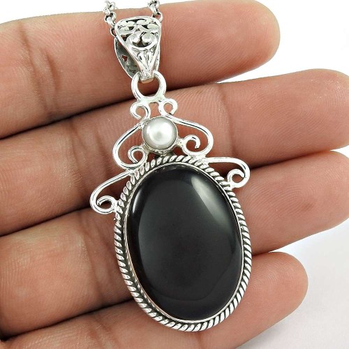 Bohemian 925 sterling silver vintage Jewellery Fashion Black Onyx, Pearl Pendant