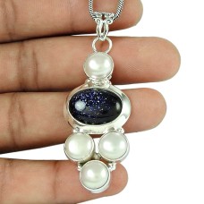 Scrumptious Blue Sunstone Pearl Gemstone 925 Sterling Silver Pendant Jewellery