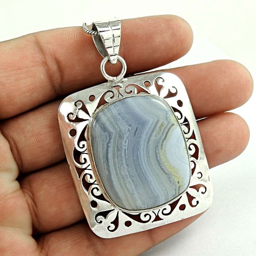 indian silver Jewellery Trendy Blue Lace Agate Gemstone Pendant