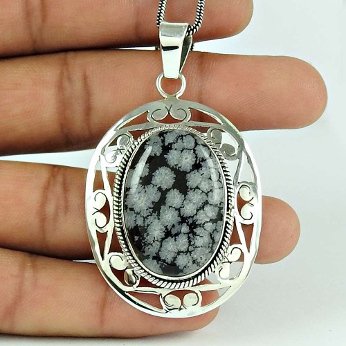 Personable Snowflake Obsidian Gemstone 925 Sterling Silver Filigree Pendant Jewellery