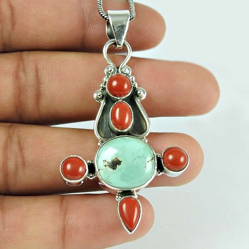 Natural Coral Turquoise Gemstone 925 Sterling Silver Pendant Bohemian Jewellery
