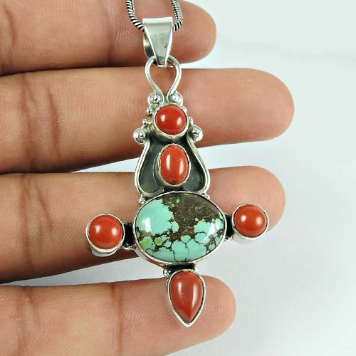 Designer Coral Turquoise Gemstone 925 Sterling Silver Pendant Jewellery