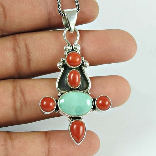 Party Wear Coral Turquoise Gemstone 925 Sterling Silver Pendant Jewellery