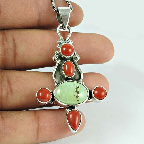 Lovely Coral Turquoise Gemstone 925 Sterling Silver Pendant Jewellery