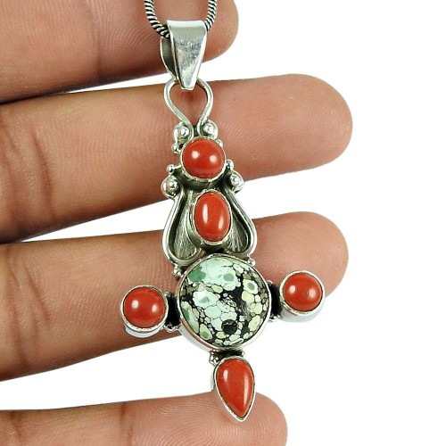 Scenic Coral Turquoise Gemstone 925 Sterling Silver Pendant Jewellery
