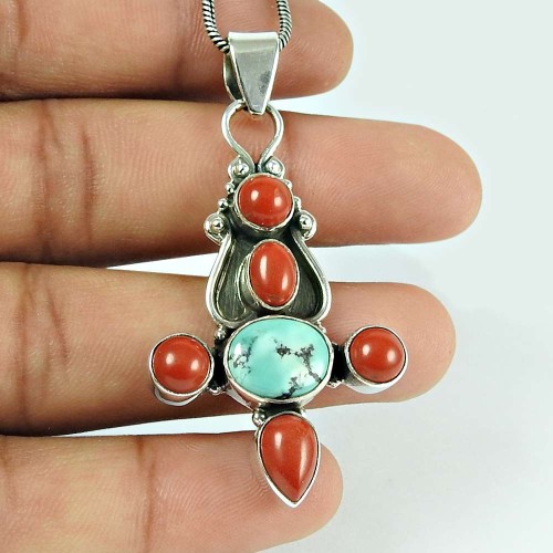 Stunning Coral Turquoise Gemstone 925 Sterling Silver Pendant Jewellery