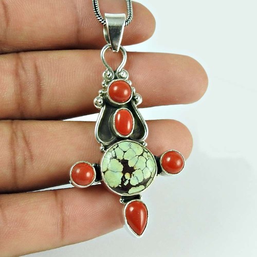 Rattling Coral Turquoise Gemstone 925 Sterling Silver Pendant Jewellery
