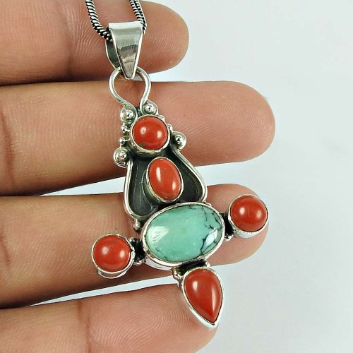 Engaging Coral Turquoise Gemstone 925 Sterling Silver Pendant Jewellery