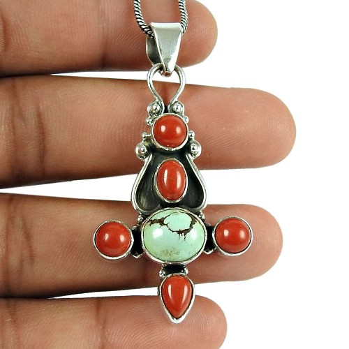 Daily Wear Coral Turquoise Gemstone 925 Sterling Silver Pendant Jewellery
