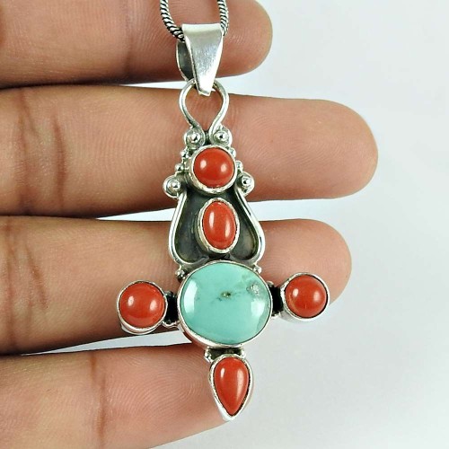 Rare Coral Turquoise Gemstone 925 Sterling Silver Pendant Jewellery