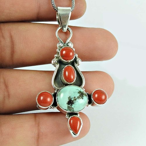 Fashion Coral Turquoise Gemstone 925 Sterling Silver Pendant Jewellery