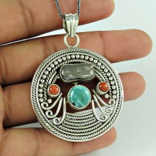 Best Design Boho 925 Sterling Silver Coral, Turquoise, Freshwater Pearl Pendant