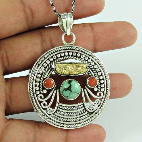 Best Quality Bohemian 925 Sterling Silver Coral, Turquoise, Freshwater Pearl Pendant