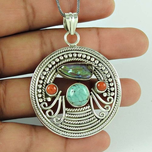 925 Sterling Silver Tibet Coral Turquoise Freshwater Pearl Pendant Ethnic Jewellery