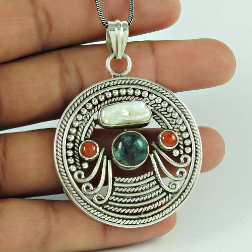 Big Dreamer ! 925 Sterling Silver Coral, Turquoise, Freshwater Pearl Boho Pendant