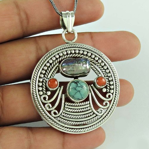 Big Falling In Love ! 925 Sterling Silver Coral, Turquoise, Freshwater Pearl Bohemian Pendant