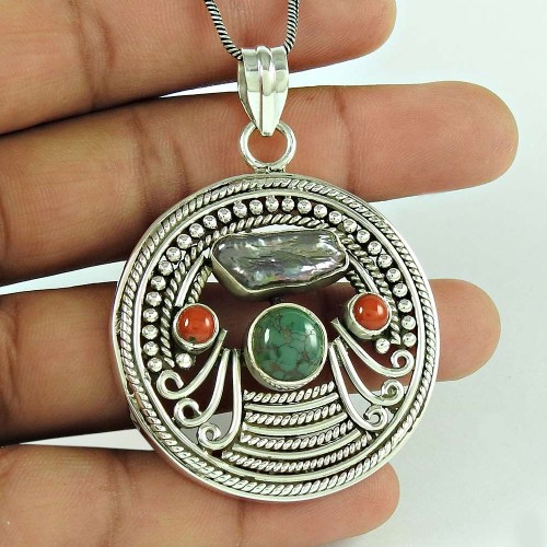Big Excellent ! 925 Sterling Silver Coral, Turquoise, Freshwater Pearl Boho Pendant
