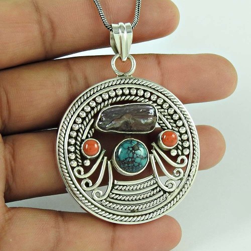 Big Grand Love ! 925 Sterling Silver Coral, Turquoise, Freshwater Pearl Bohemian Pendant