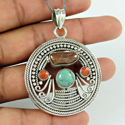 New Boho 925 Sterling Silver Coral, Turquoise, Freshwater Pearl Pendant