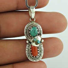 Charming Boho 925 Sterling Silver Tibet Coral, Turquoise Pendant