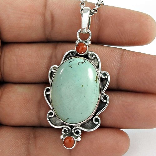 Jumbo Fantastic 925 Sterling Silver Tibet Coral, Turquoise Pendant