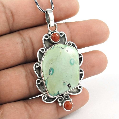 Classy!! 925 Sterling Silver Tibetan Coral, Turquoise Pendant