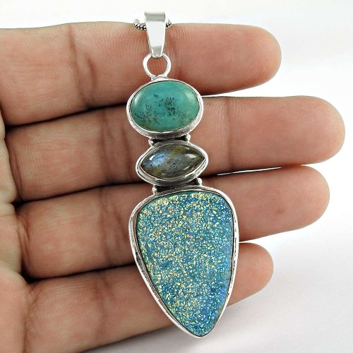 Classy Style! Druzy, Labradorite, Turquoise 925 Sterling Silver Pendant