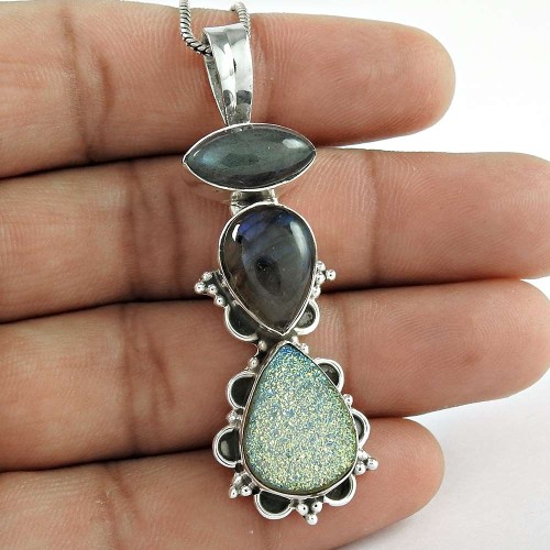 New Exclusive Style! Druzy, Labradorite 925 Sterling Silver Pendant Wholesaling